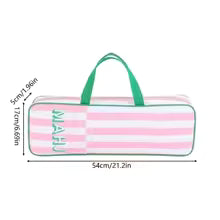 Mahjong Tile Tray Storage Bag - Pink and White Stripe with Green